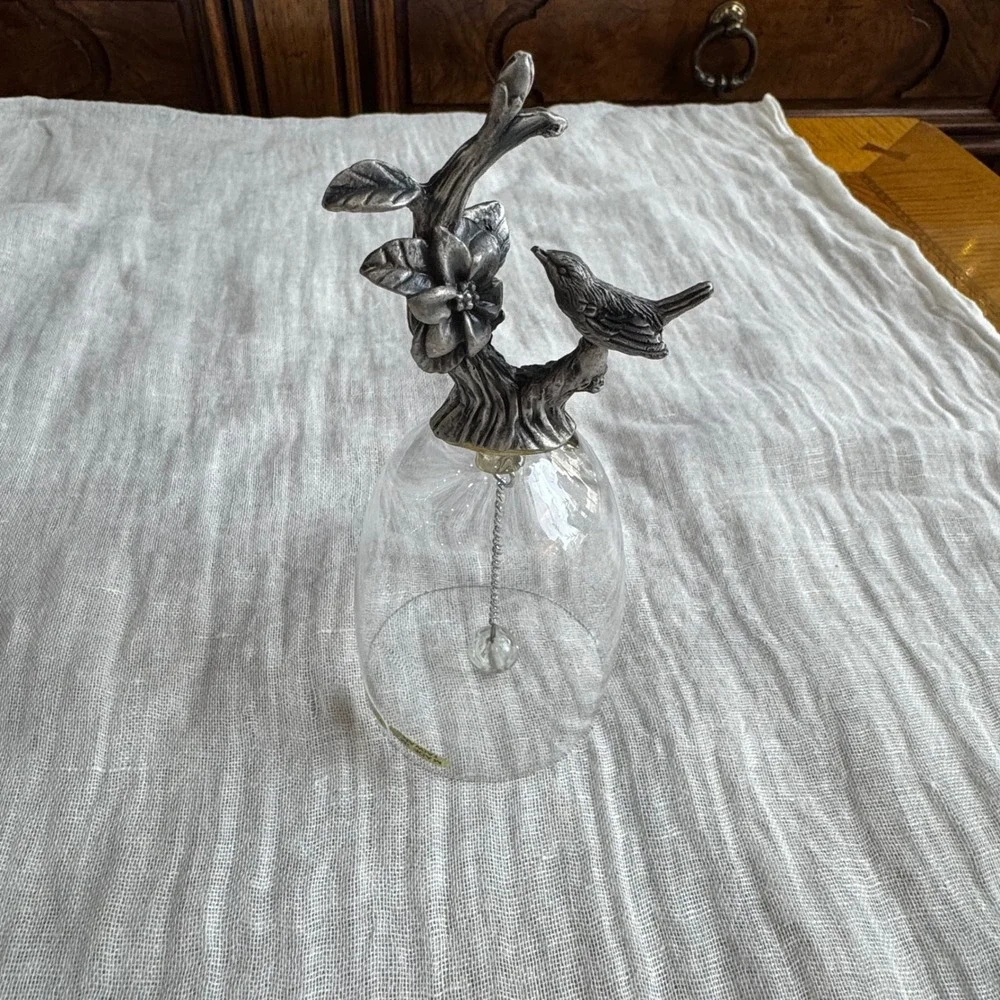 Lead Crystal Bell Silver Tone Bird Flower Branch Handle Vintage Taiwan
